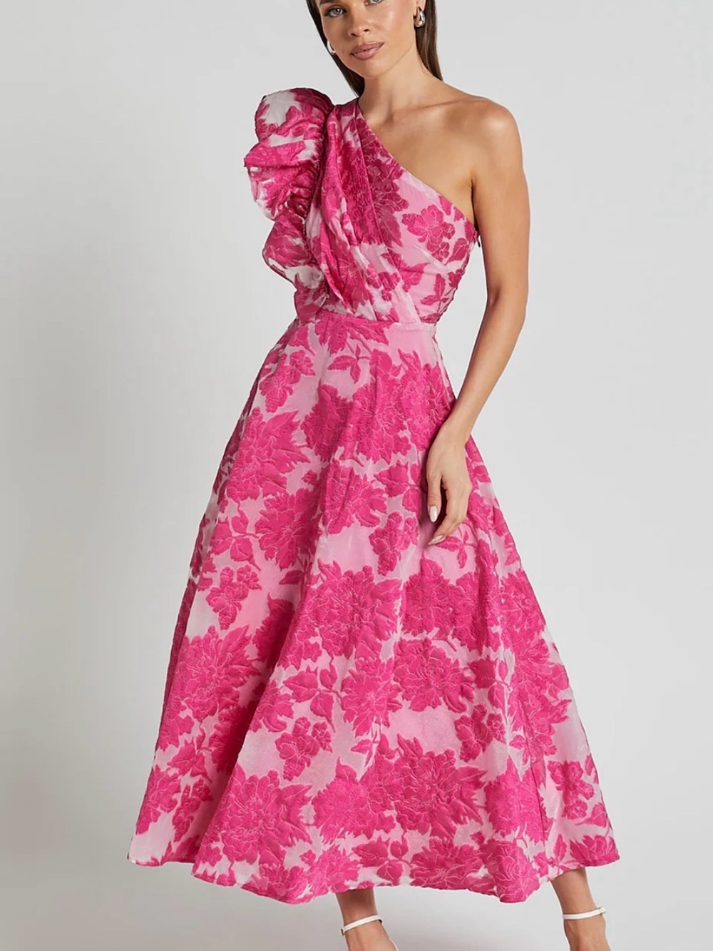 Showpo Hot Pink One-Shoulder Floral Ruffle Maxi Dress - Picture 4 of 12